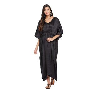 Riara Black Drawstring Satin Kaftan Elegant Maxi Dress V Neck Loose Lady Nighty